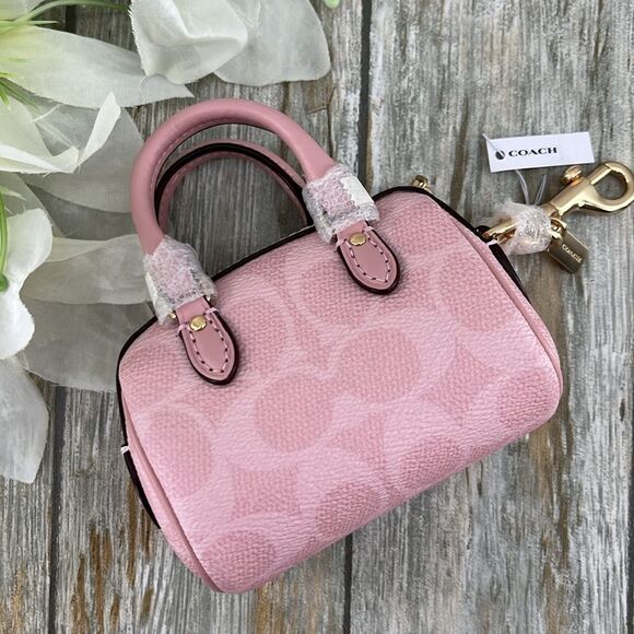 Coach Mini Rowan Bag Charm In Signature Canvas Purse Wallet Bag Powder Pink - Picture 5 of 10